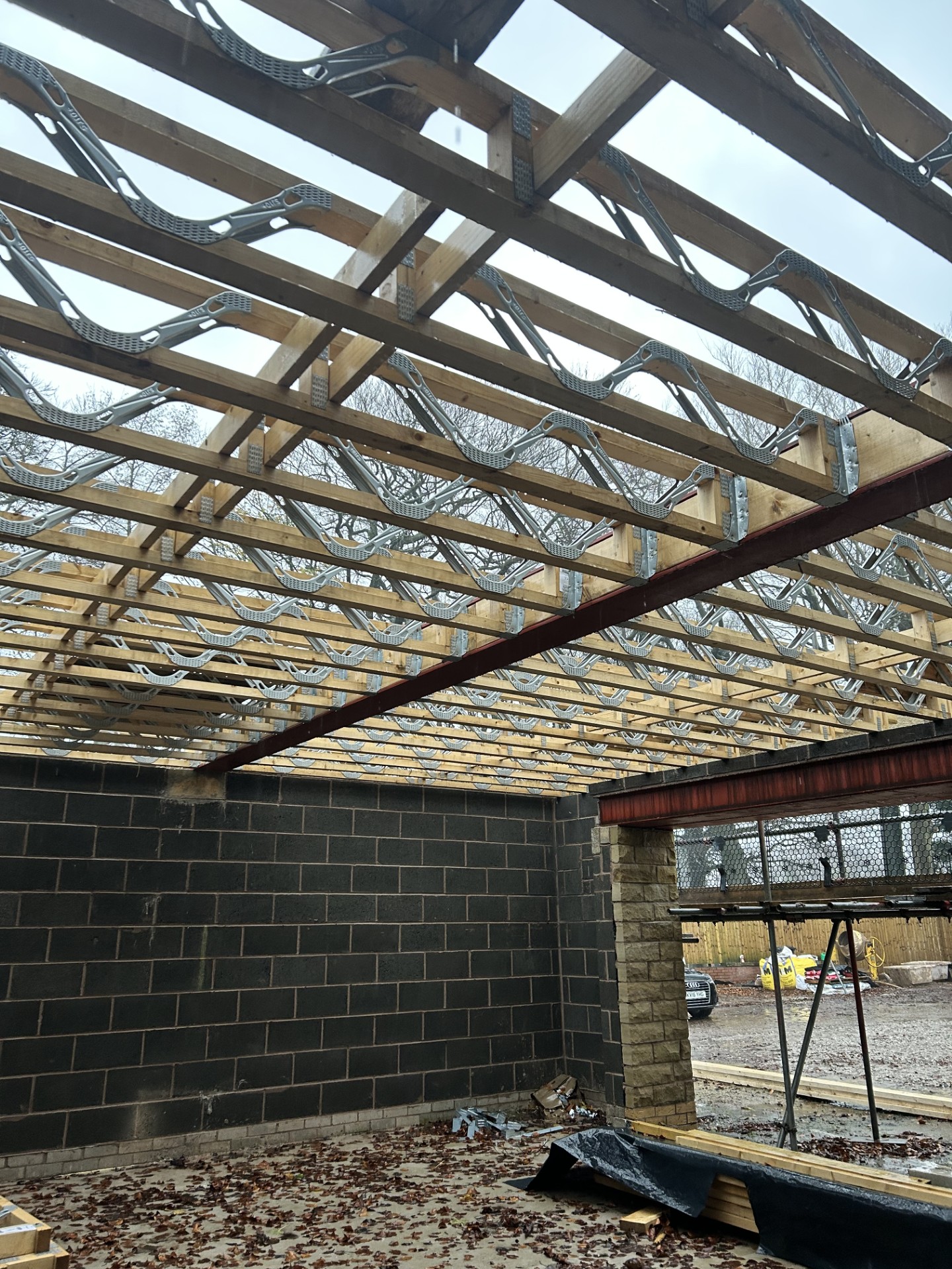 Structural steel and timber floor system during construction
